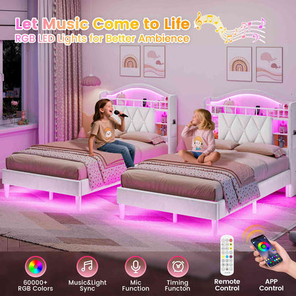ADORNEVE Bed Frame Twin Size with LED Lights Girls Velvet Upholstered Platform Bed Headboard with Charging Station and Guardrail Crystal Button