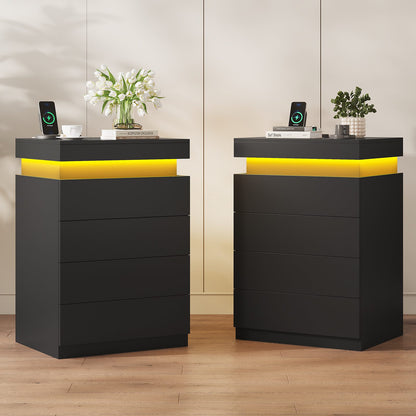 ADORNEVE Night Stand with Drawers and LED Lights Bedside Table with Sliding Top and Charging Station for Bedroom