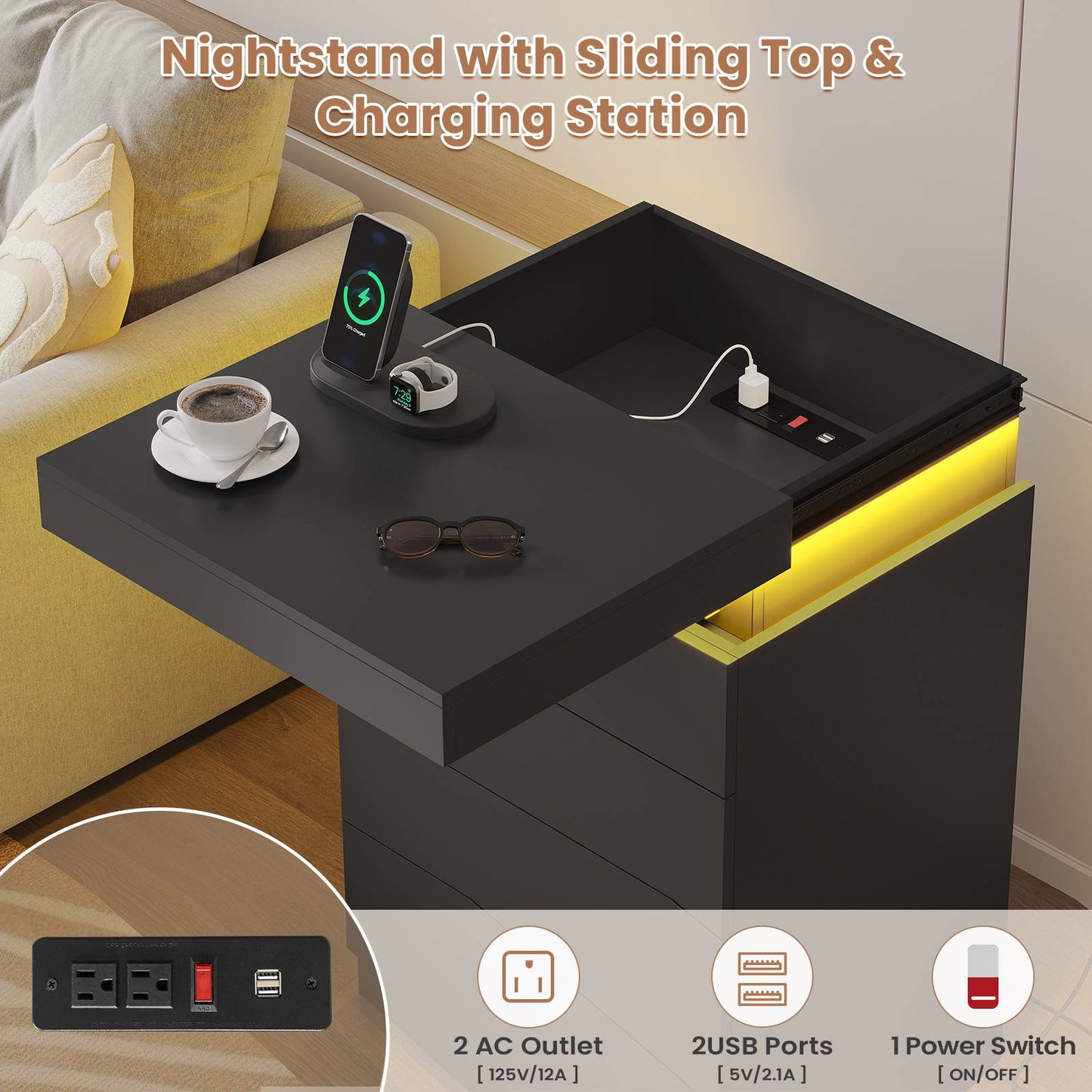 ADORNEVE Night Stand with Drawers and LED Lights Bedside Table with Sliding Top and Charging Station for Bedroom