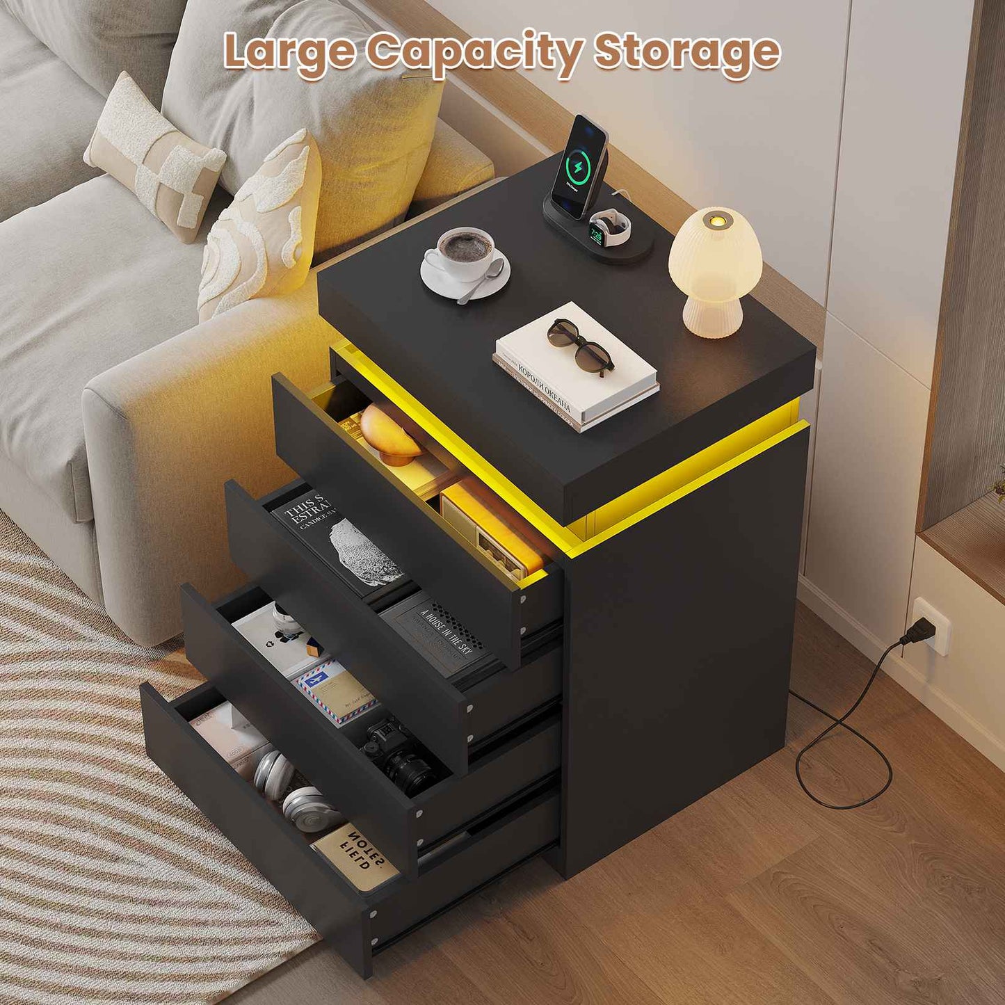 ADORNEVE Night Stand with Drawers and LED Lights Bedside Table with Sliding Top and Charging Station for Bedroom