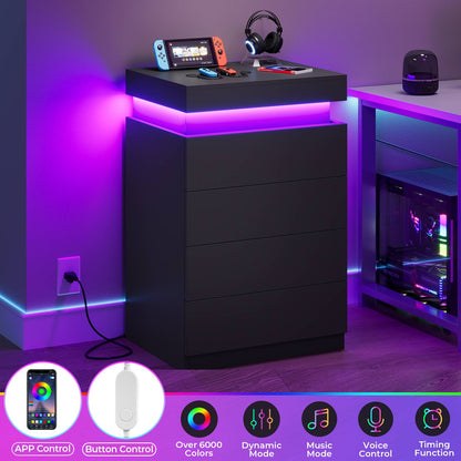 ADORNEVE Night Stand with Drawers and LED Lights Bedside Table with Sliding Top and Charging Station for Bedroom