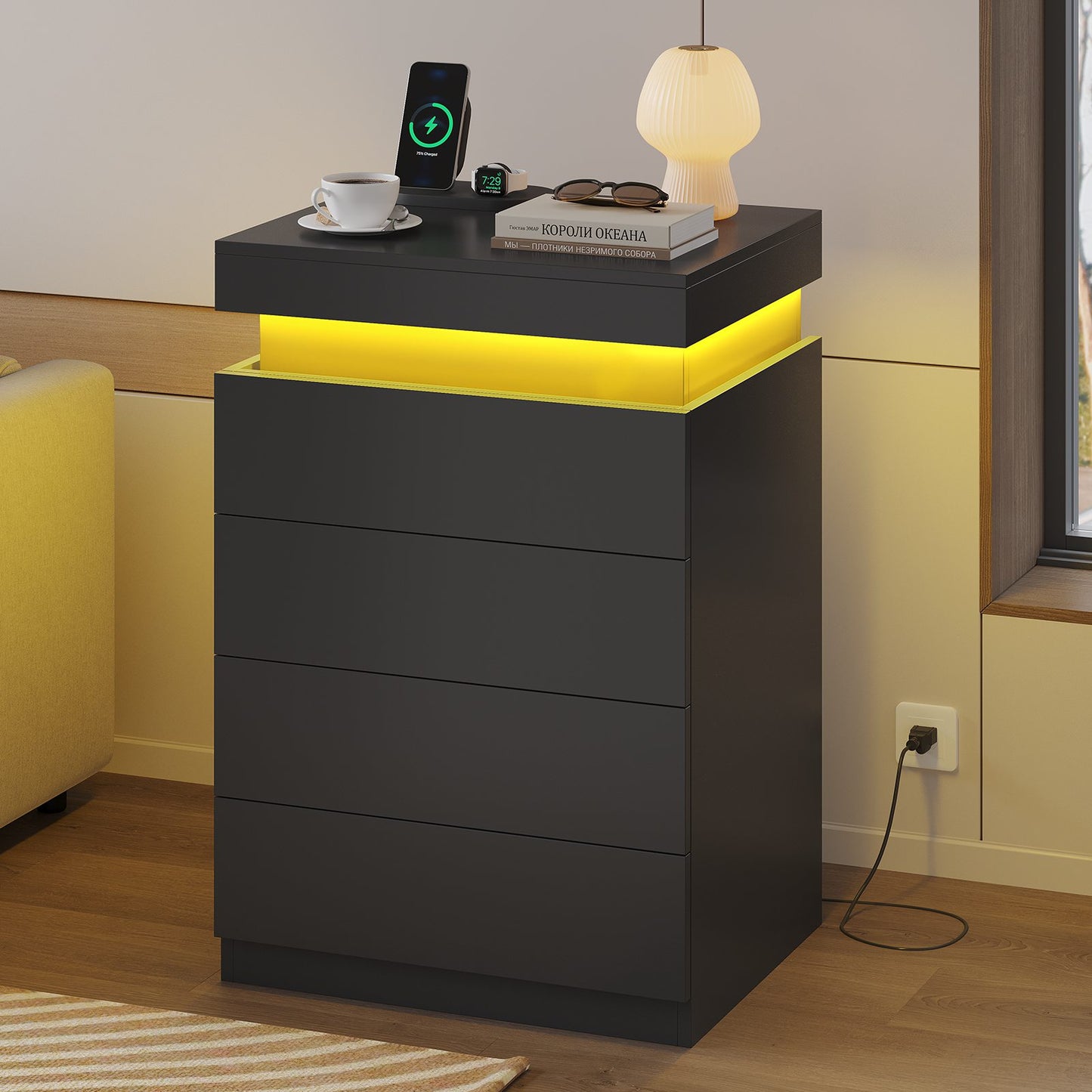 ADORNEVE Night Stand with Drawers and LED Lights Bedside Table with Sliding Top and Charging Station for Bedroom