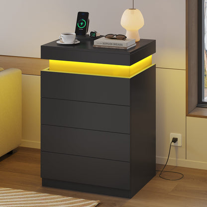 ADORNEVE Night Stand with Drawers and LED Lights Bedside Table with Sliding Top and Charging Station for Bedroom