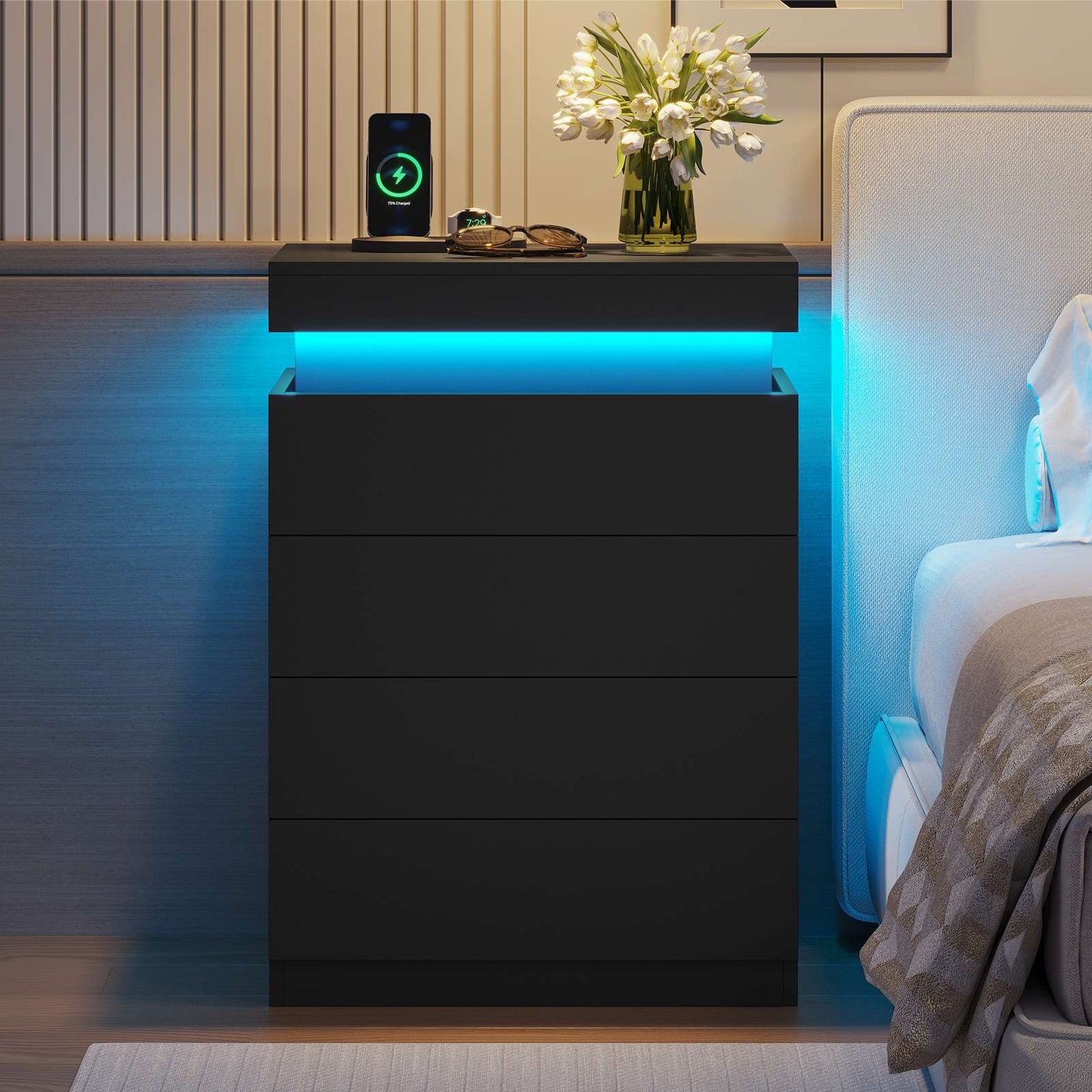 ADORNEVE Night Stand with Drawers and LED Lights Bedside Table with Sliding Top and Charging Station for Bedroom