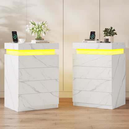 ADORNEVE Night Stand with Drawers and LED Lights Bedside Table with Sliding Top and Charging Station for Bedroom