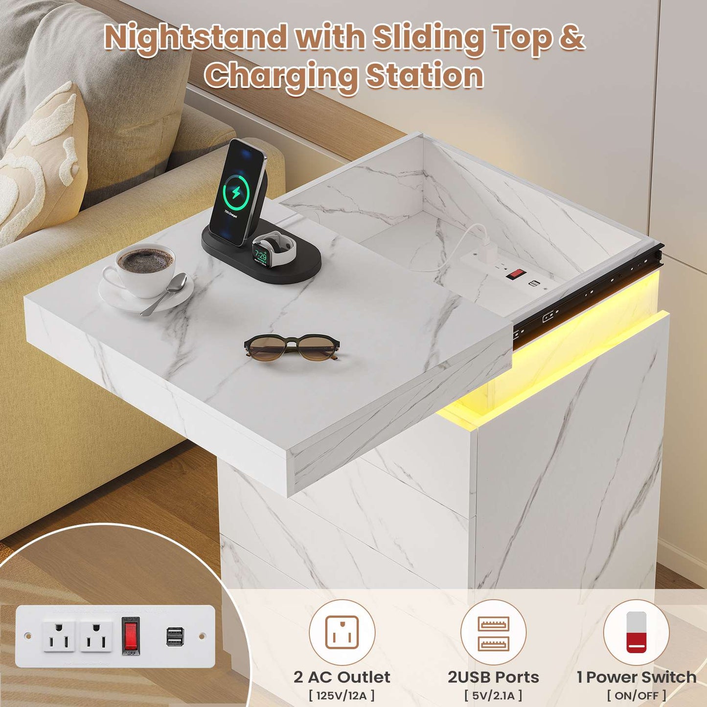 ADORNEVE Night Stand with Drawers and LED Lights Bedside Table with Sliding Top and Charging Station for Bedroom