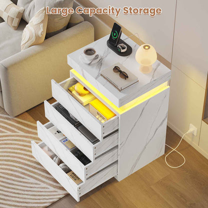 ADORNEVE Night Stand with Drawers and LED Lights Bedside Table with Sliding Top and Charging Station for Bedroom