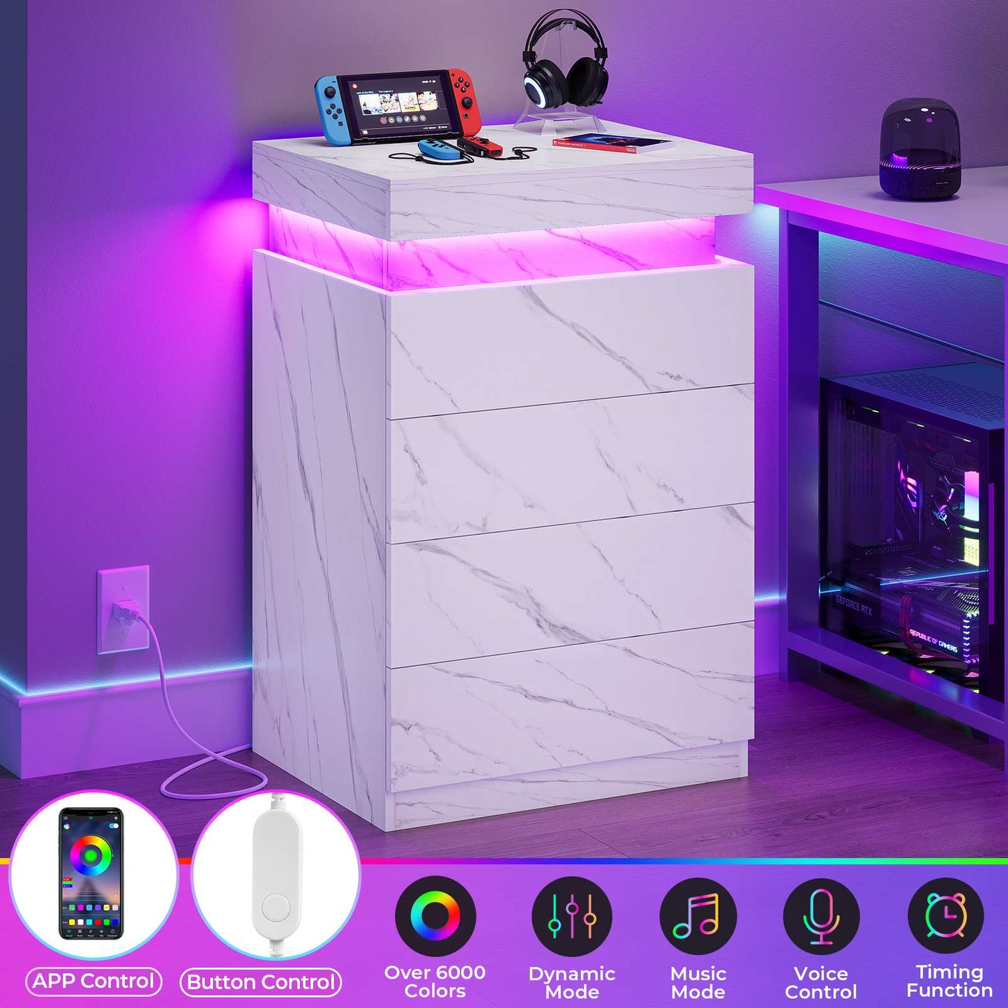 ADORNEVE Night Stand with Drawers and LED Lights Bedside Table with Sliding Top and Charging Station for Bedroom