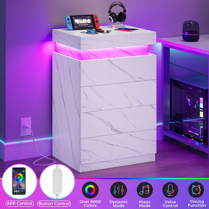ADORNEVE Night Stand with Drawers and LED Lights Bedside Table with Sliding Top and Charging Station for Bedroom