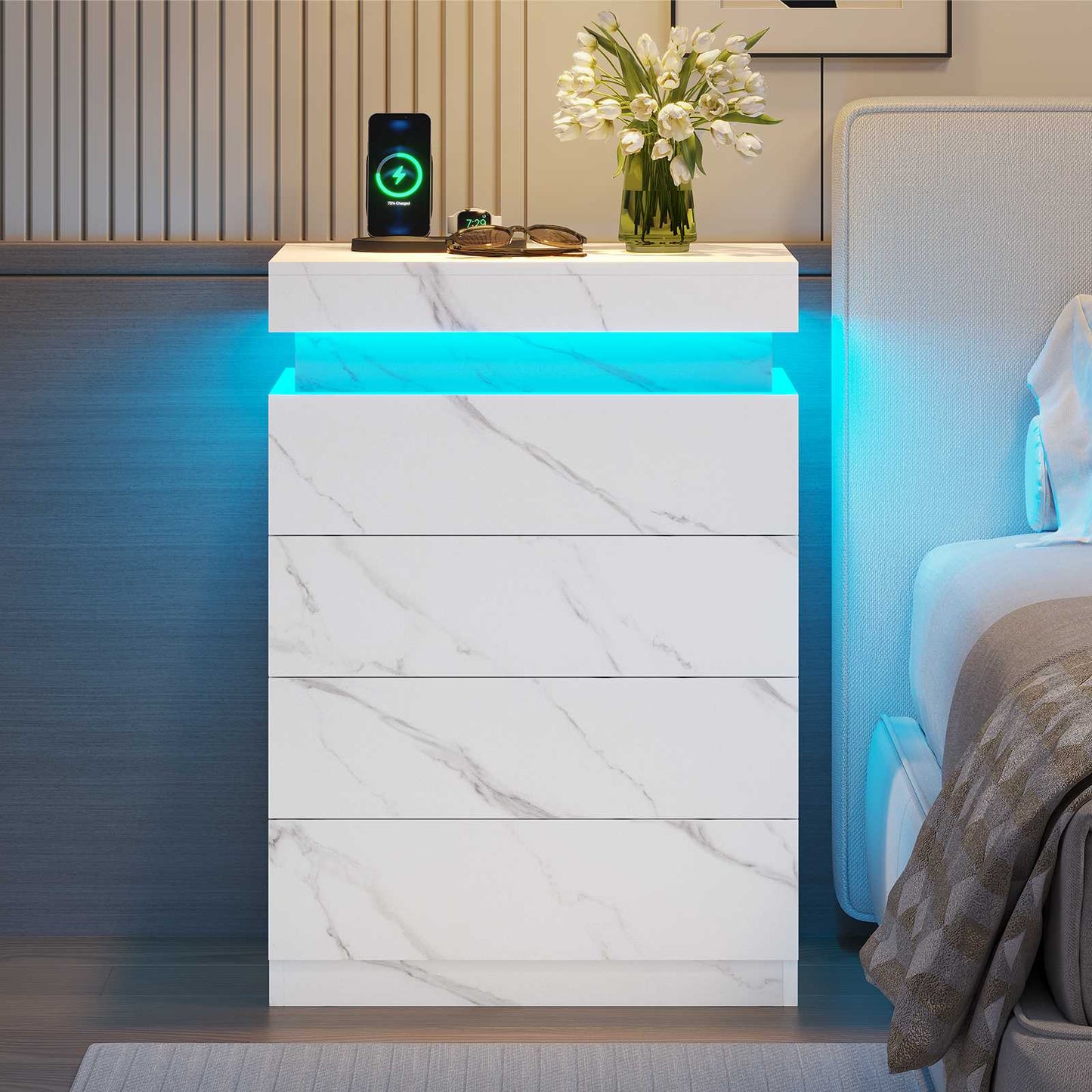 ADORNEVE Night Stand with Drawers and LED Lights Bedside Table with Sliding Top and Charging Station for Bedroom