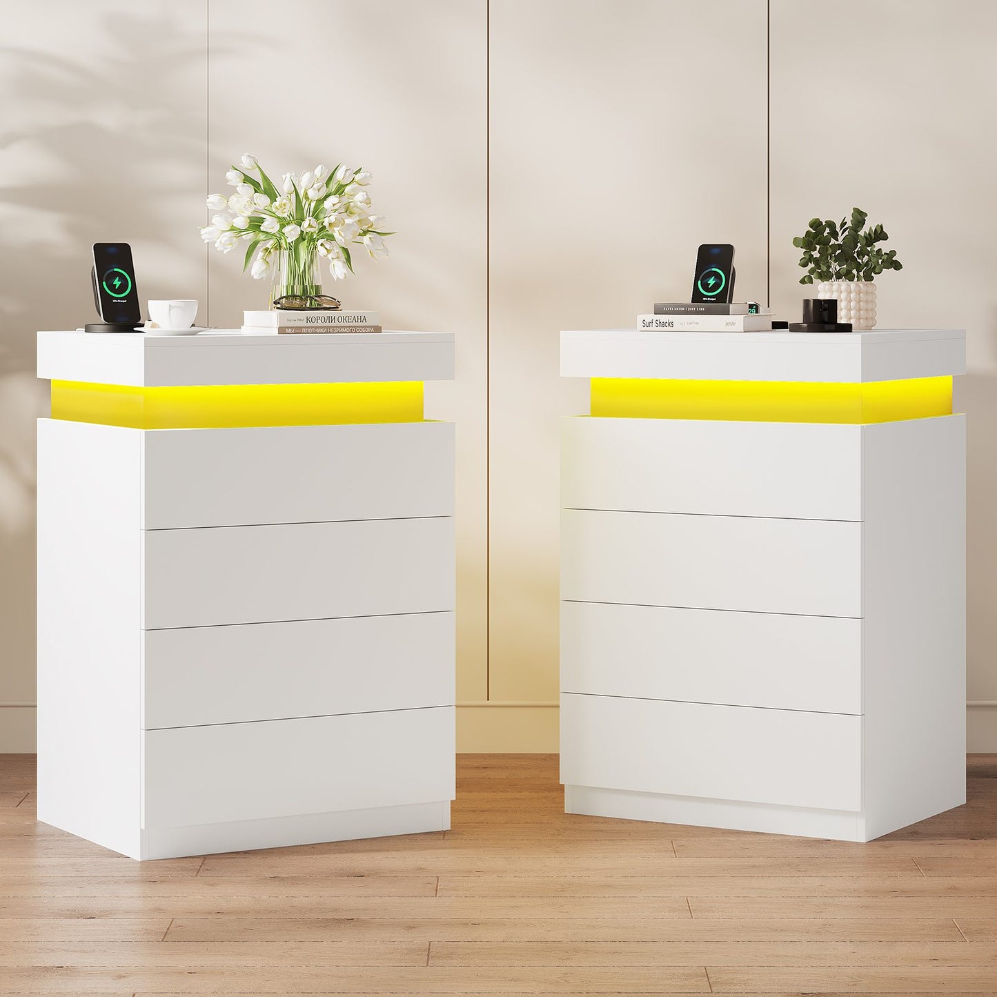 ADORNEVE Night Stand with Drawers and LED Lights Bedside Table with Sliding Top and Charging Station for Bedroom