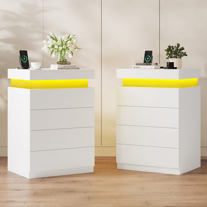 ADORNEVE Night Stand with Drawers and LED Lights Bedside Table with Sliding Top and Charging Station for Bedroom