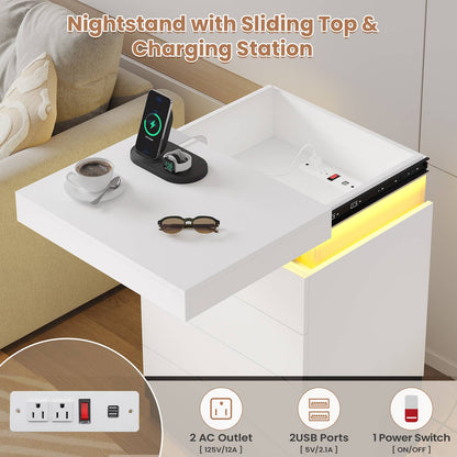 ADORNEVE Night Stand with Drawers and LED Lights Bedside Table with Sliding Top and Charging Station for Bedroom