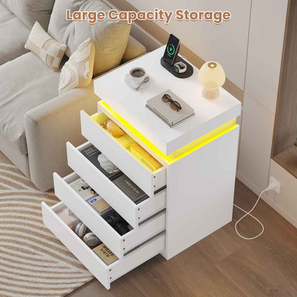 ADORNEVE Night Stand with Drawers and LED Lights Bedside Table with Sliding Top and Charging Station for Bedroom