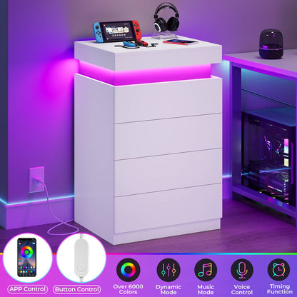 ADORNEVE Night Stand with Drawers and LED Lights Bedside Table with Sliding Top and Charging Station for Bedroom