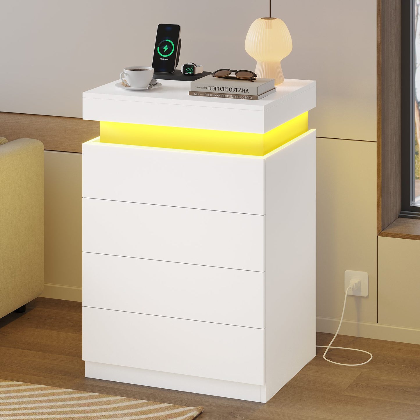 ADORNEVE Night Stand with Drawers and LED Lights Bedside Table with Sliding Top and Charging Station for Bedroom