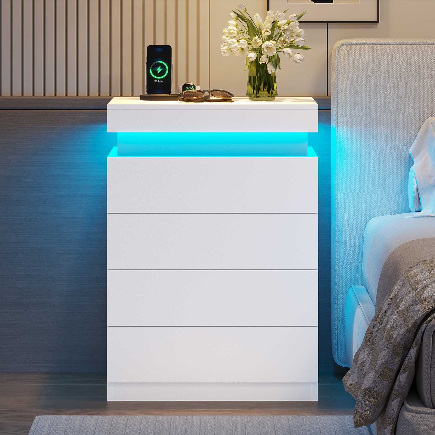 ADORNEVE Night Stand with Drawers and LED Lights Bedside Table with Sliding Top and Charging Station for Bedroom
