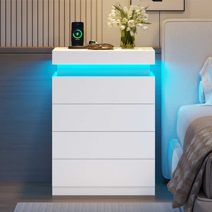 ADORNEVE Night Stand with Drawers and LED Lights Bedside Table with Sliding Top and Charging Station for Bedroom