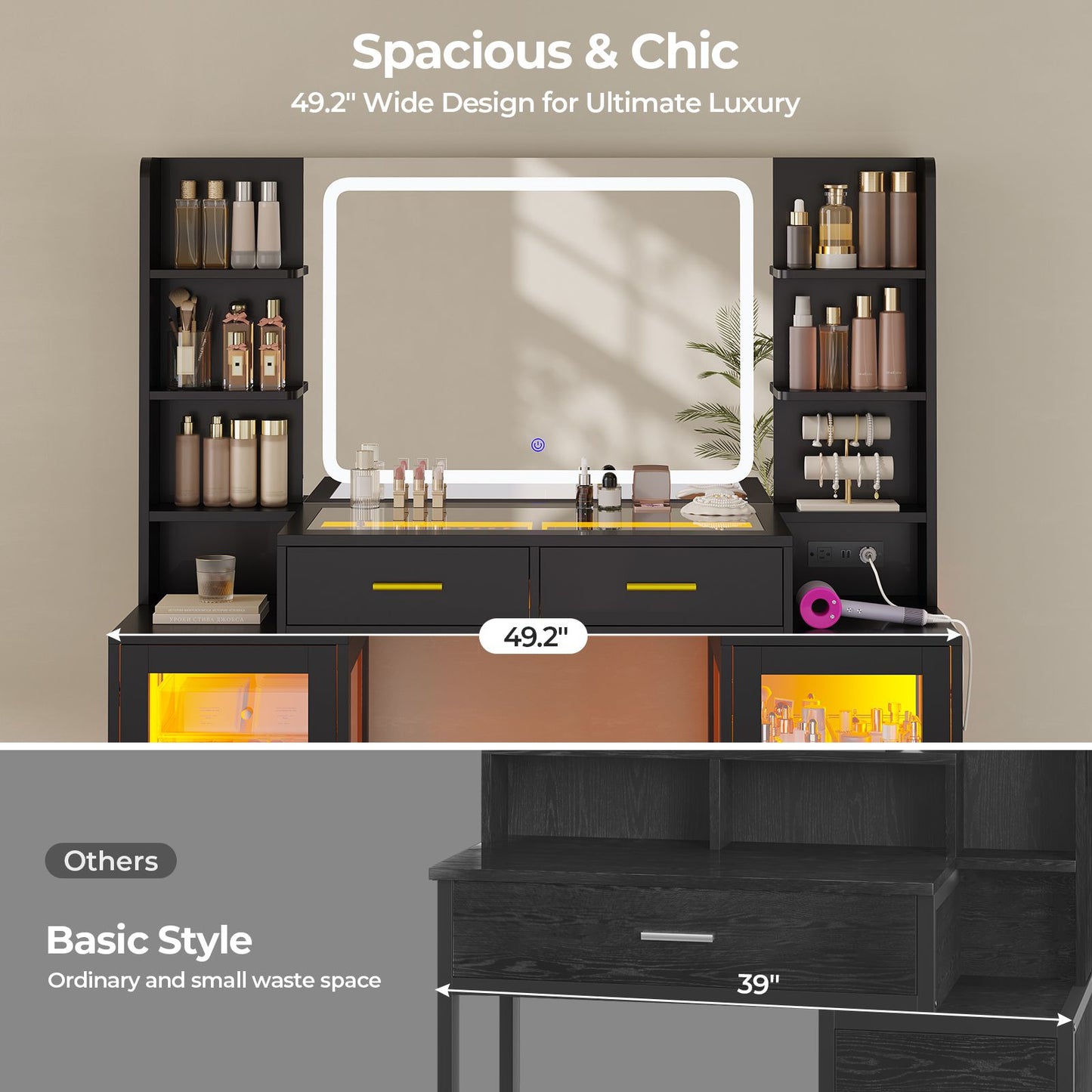ADORNEVE Makeup Vanity with Mirror and Lights RGB Cabinets Teen Girls Vanity Desk with 2 Glass Top Drawers and Power Outlet for Women