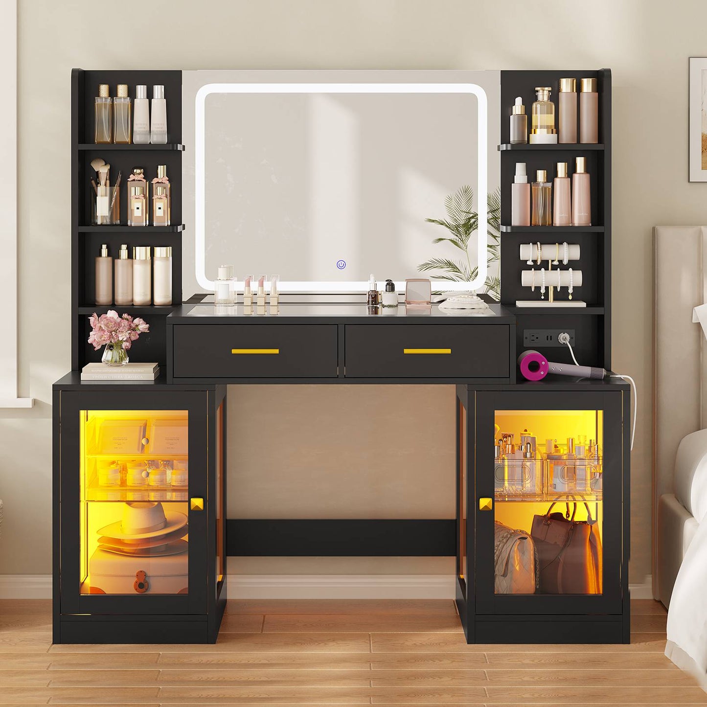 ADORNEVE Makeup Vanity with Mirror and Lights RGB Cabinets Teen Girls Vanity Desk with 2 Glass Top Drawers and Power Outlet for Women
