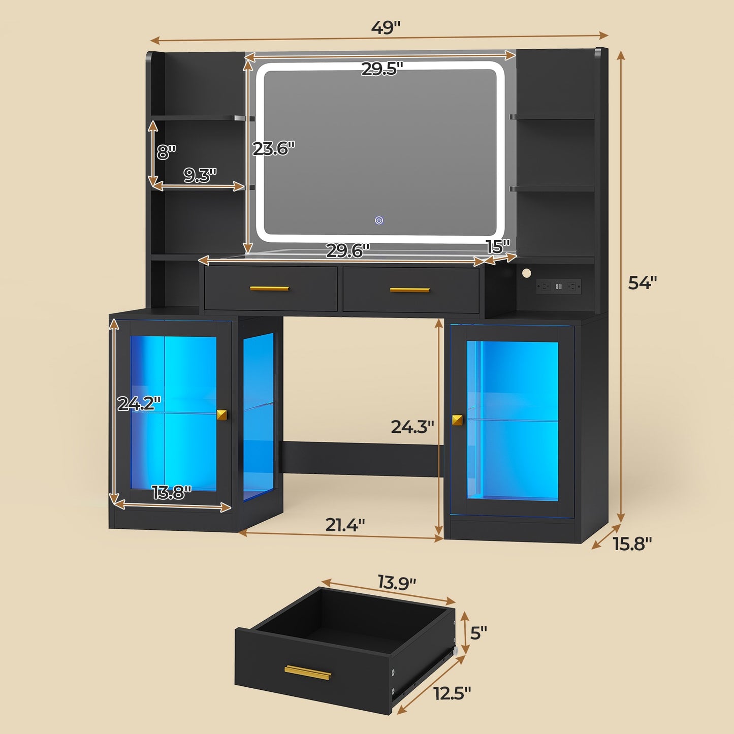 ADORNEVE Makeup Vanity with Mirror and Lights RGB Cabinets Teen Girls Vanity Desk with 2 Glass Top Drawers and Power Outlet for Women
