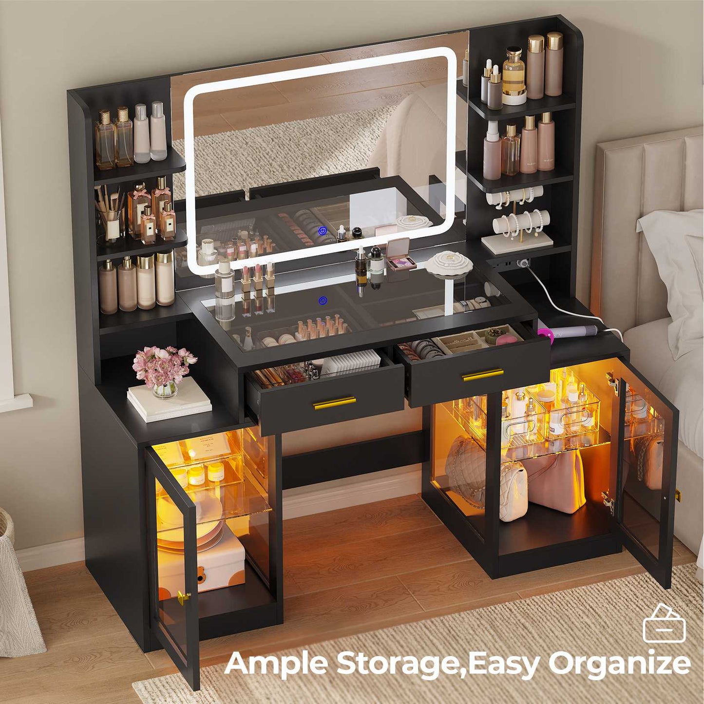 ADORNEVE Makeup Vanity with Mirror and Lights RGB Cabinets Teen Girls Vanity Desk with 2 Glass Top Drawers and Power Outlet for Women