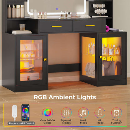 ADORNEVE Makeup Vanity with Mirror and Lights RGB Cabinets Teen Girls Vanity Desk with 2 Glass Top Drawers and Power Outlet for Women
