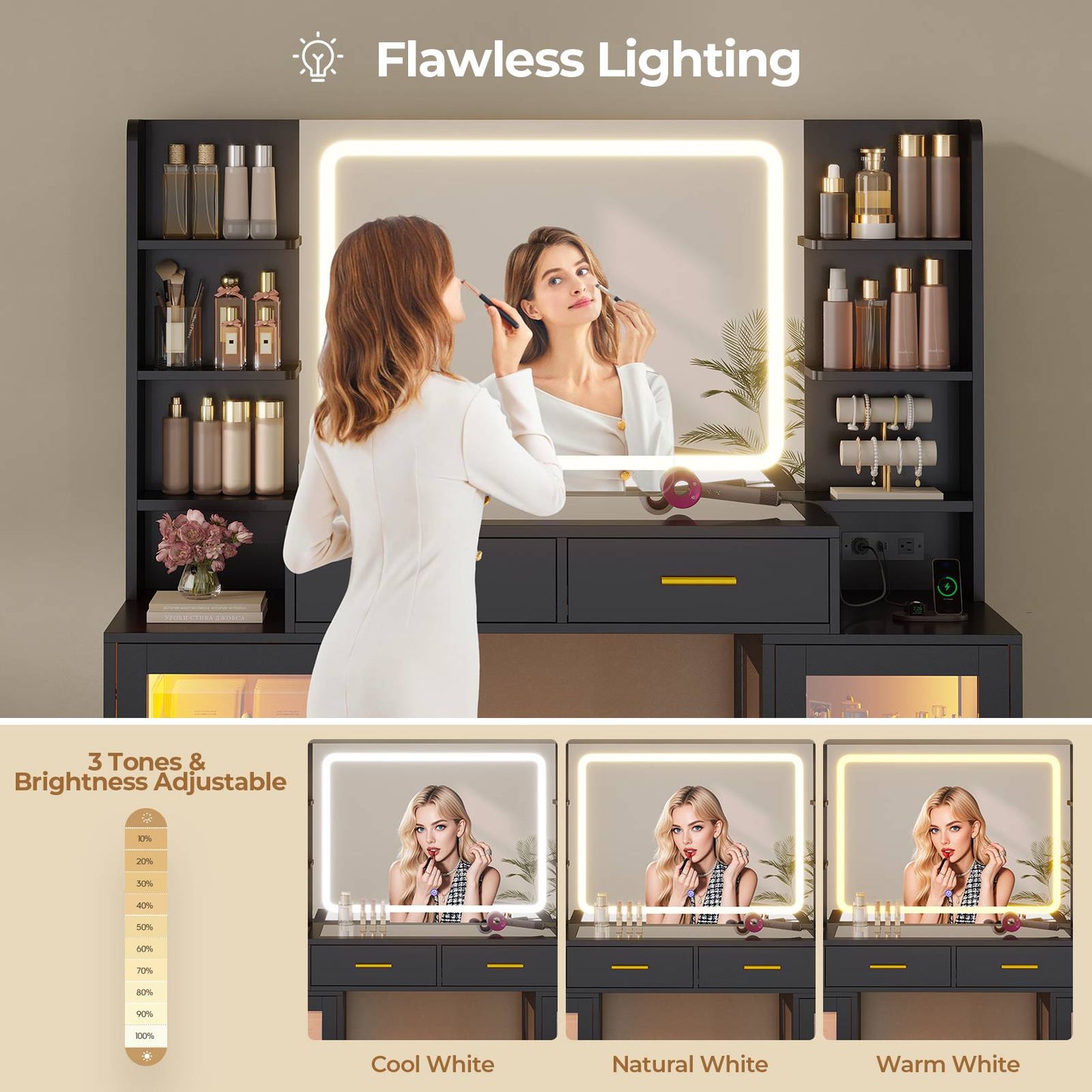 ADORNEVE Makeup Vanity with Mirror and Lights RGB Cabinets Teen Girls Vanity Desk with 2 Glass Top Drawers and Power Outlet for Women