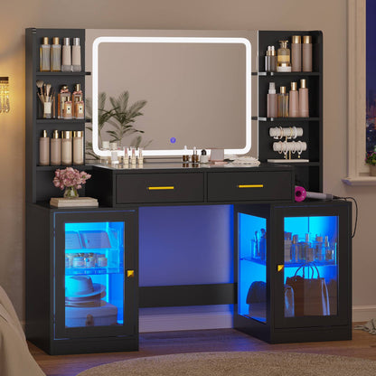 ADORNEVE Makeup Vanity with Mirror and Lights RGB Cabinets Teen Girls Vanity Desk with 2 Glass Top Drawers and Power Outlet for Women