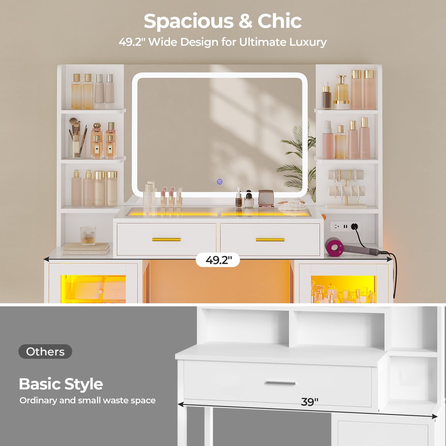 ADORNEVE Makeup Vanity with Mirror and Lights RGB Cabinets Teen Girls Vanity Desk with 2 Glass Top Drawers and Power Outlet for Women