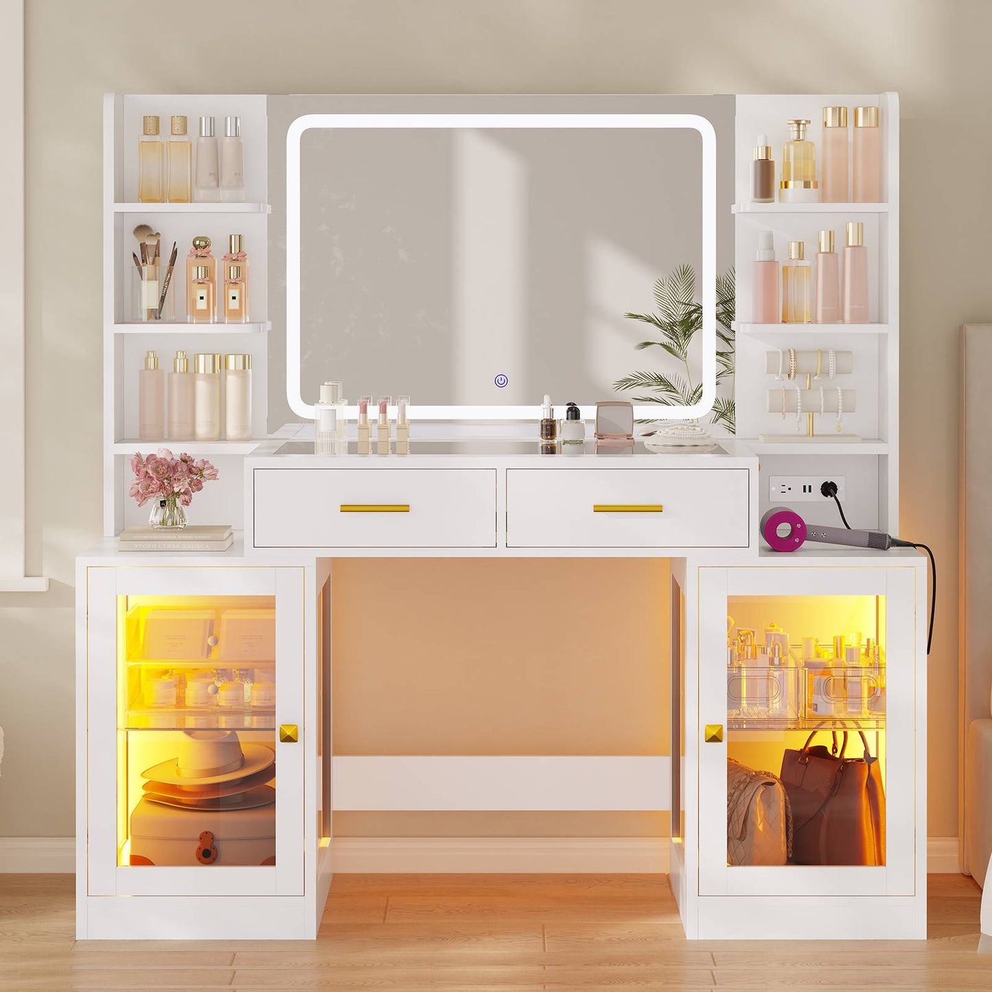 ADORNEVE Makeup Vanity with Mirror and Lights RGB Cabinets Teen Girls Vanity Desk with 2 Glass Top Drawers and Power Outlet for Women