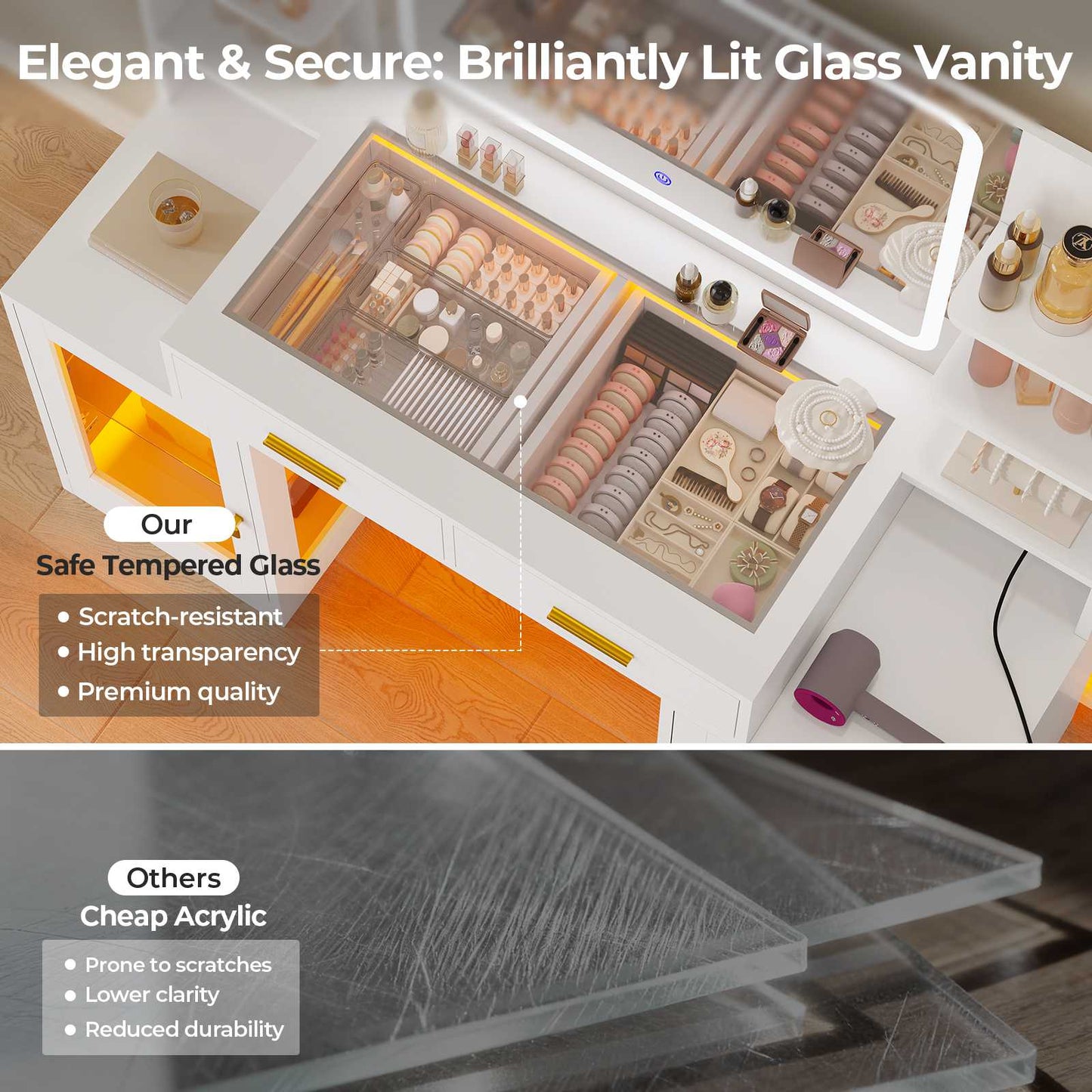 ADORNEVE Makeup Vanity with Mirror and Lights RGB Cabinets Teen Girls Vanity Desk with 2 Glass Top Drawers and Power Outlet for Women