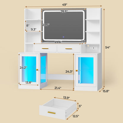 ADORNEVE Makeup Vanity with Mirror and Lights RGB Cabinets Teen Girls Vanity Desk with 2 Glass Top Drawers and Power Outlet for Women