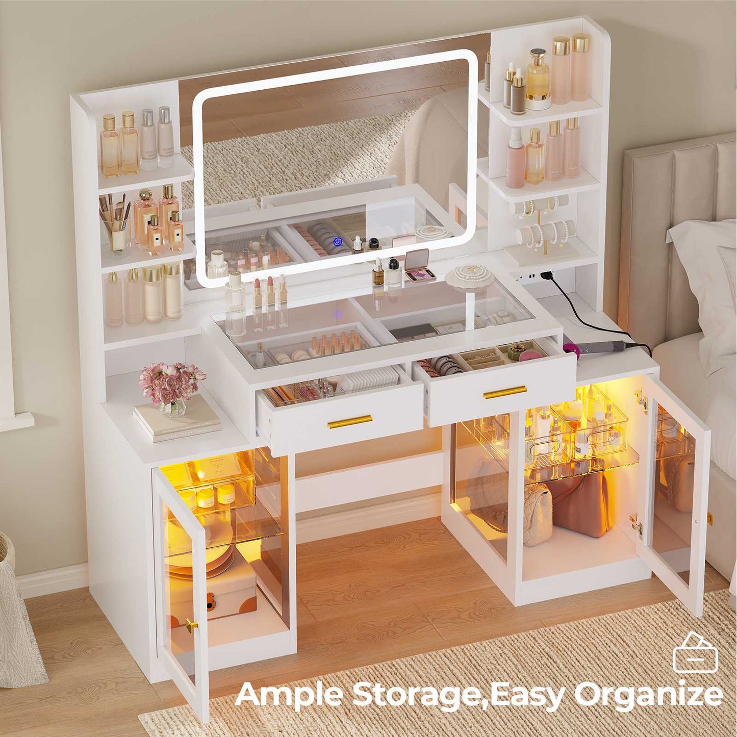 ADORNEVE Makeup Vanity with Mirror and Lights RGB Cabinets Teen Girls Vanity Desk with 2 Glass Top Drawers and Power Outlet for Women
