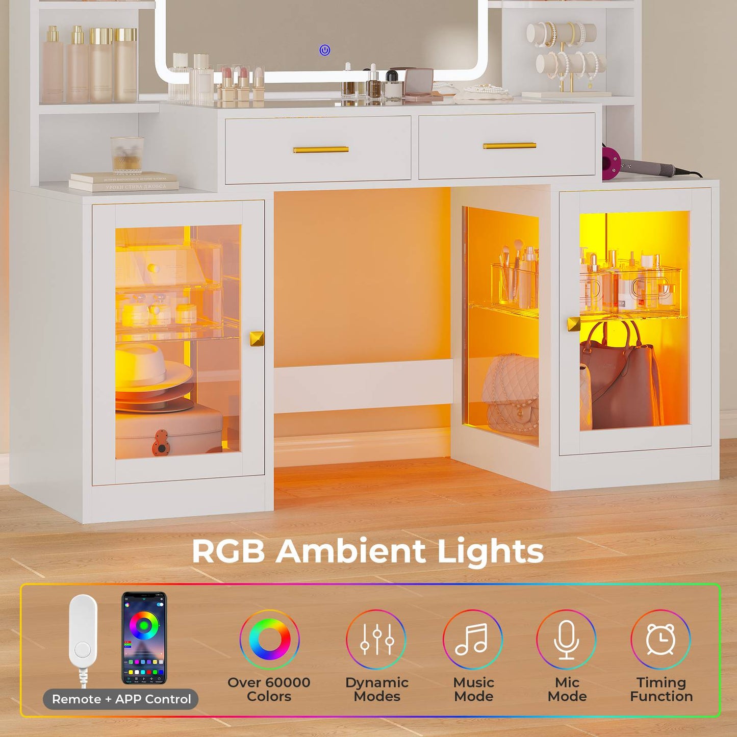 ADORNEVE Makeup Vanity with Mirror and Lights RGB Cabinets Teen Girls Vanity Desk with 2 Glass Top Drawers and Power Outlet for Women