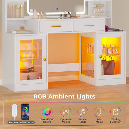 ADORNEVE Makeup Vanity with Mirror and Lights RGB Cabinets Teen Girls Vanity Desk with 2 Glass Top Drawers and Power Outlet for Women