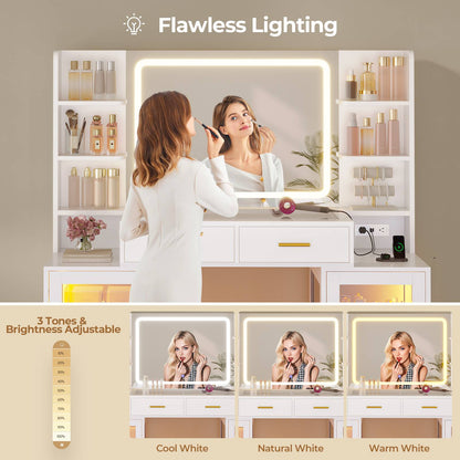 ADORNEVE Makeup Vanity with Mirror and Lights RGB Cabinets Teen Girls Vanity Desk with 2 Glass Top Drawers and Power Outlet for Women