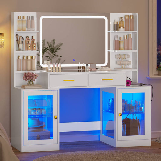 ADORNEVE Makeup Vanity with Mirror and Lights RGB Cabinets Teen Girls Vanity Desk with 2 Glass Top Drawers and Power Outlet for Women