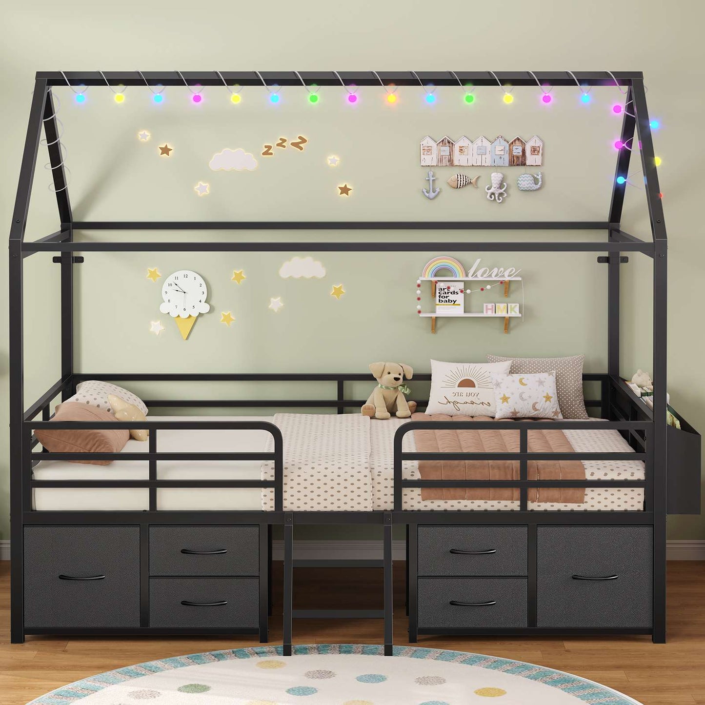 ADORNEVE Bed Frame Twin Size with 6 Drawers and Globe String Lights Plug in Metal Kids Bed with Safety Guardrail and Inclined Ladder