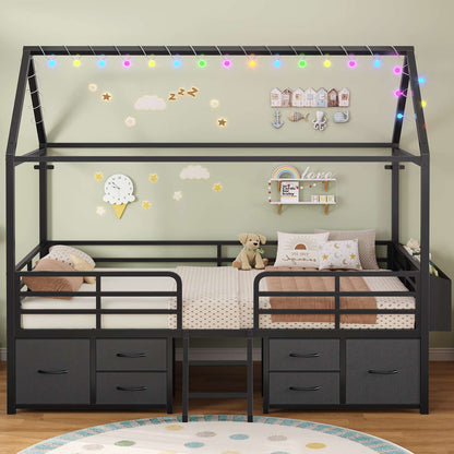 ADORNEVE Bed Frame Twin Size with 6 Drawers and Globe String Lights Plug in Metal Kids Bed with Safety Guardrail and Inclined Ladder