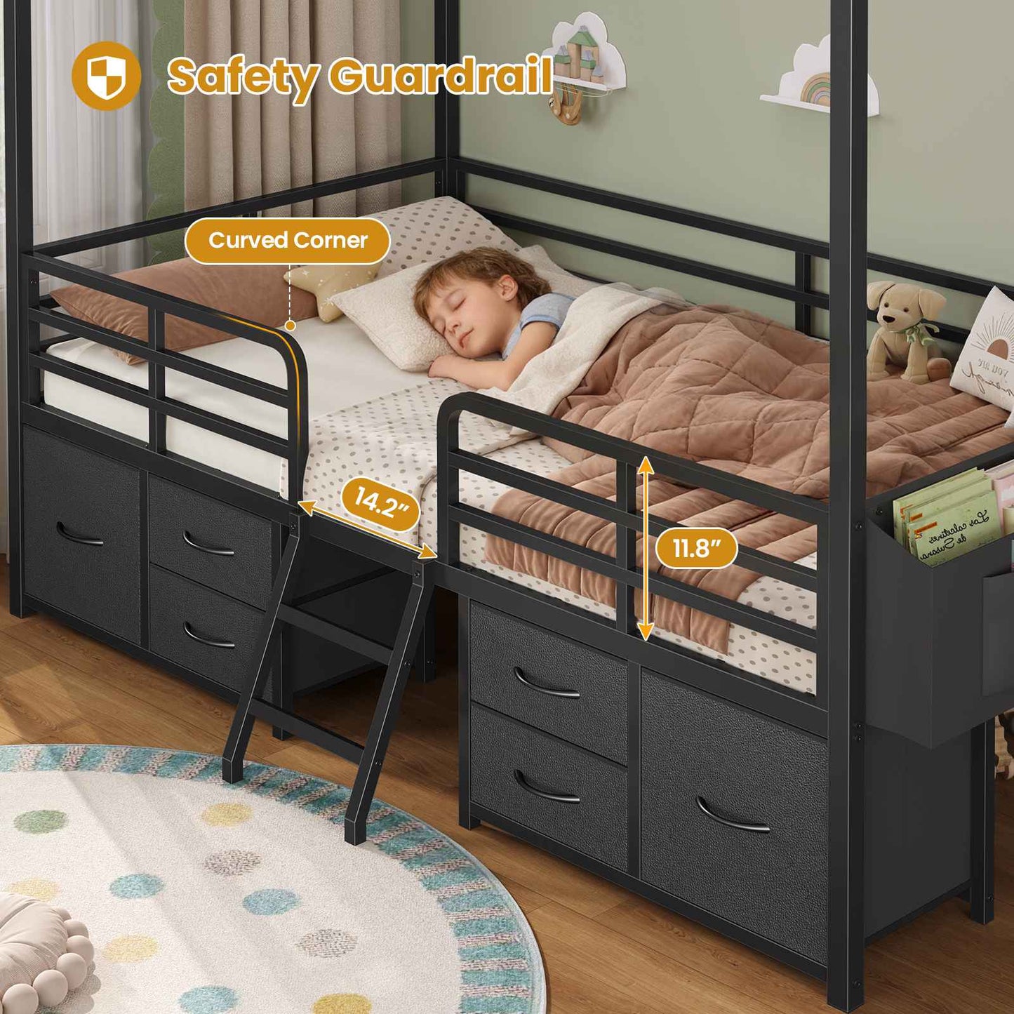 ADORNEVE Bed Frame Twin Size with 6 Drawers and Globe String Lights Plug in Metal Kids Bed with Safety Guardrail and Inclined Ladder