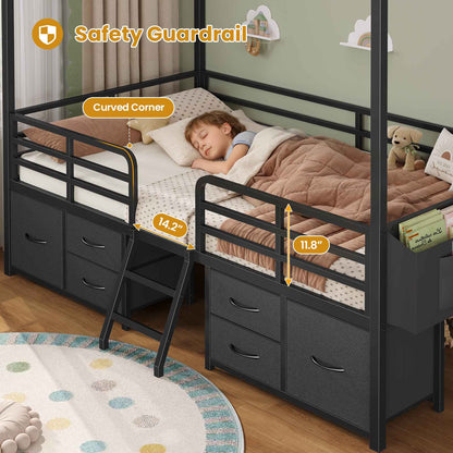 ADORNEVE Bed Frame Twin Size with 6 Drawers and Globe String Lights Plug in Metal Kids Bed with Safety Guardrail and Inclined Ladder