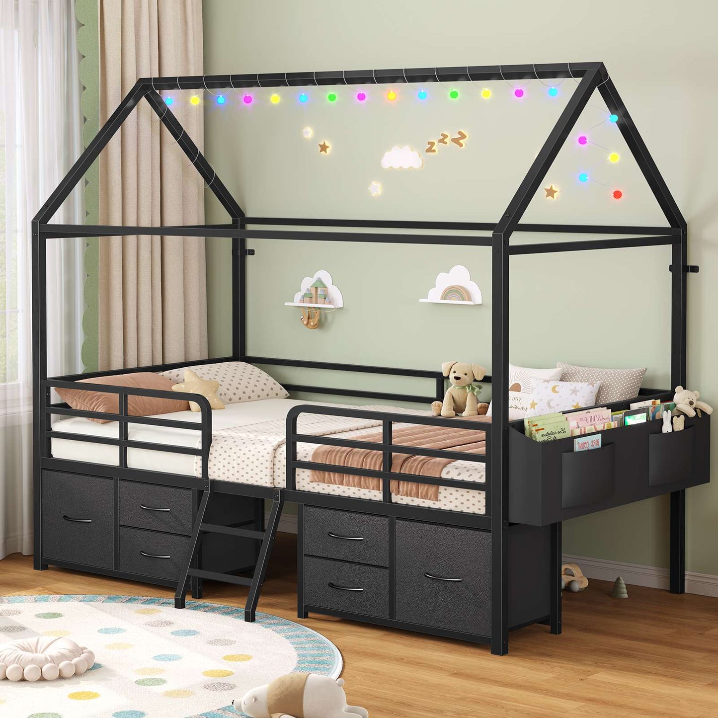 ADORNEVE Bed Frame Twin Size with 6 Drawers and Globe String Lights Plug in Metal Kids Bed with Safety Guardrail and Inclined Ladder