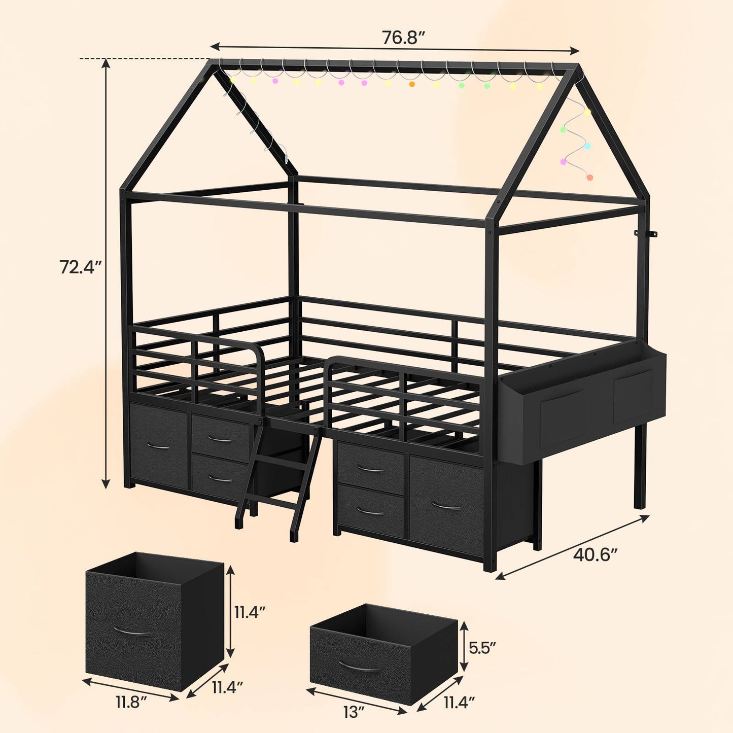 ADORNEVE Bed Frame Twin Size with 6 Drawers and Globe String Lights Plug in Metal Kids Bed with Safety Guardrail and Inclined Ladder