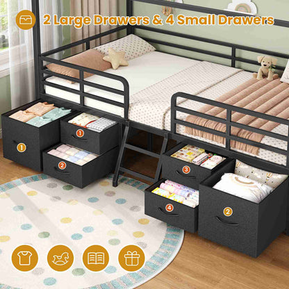 ADORNEVE Bed Frame Twin Size with 6 Drawers and Globe String Lights Plug in Metal Kids Bed with Safety Guardrail and Inclined Ladder