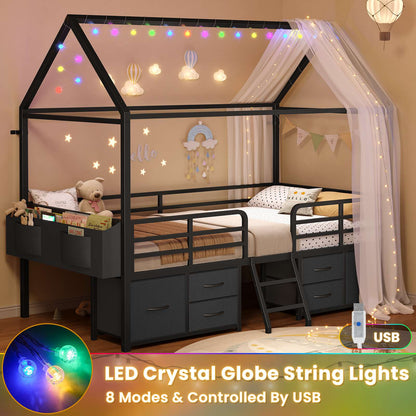ADORNEVE Bed Frame Twin Size with 6 Drawers and Globe String Lights Plug in Metal Kids Bed with Safety Guardrail and Inclined Ladder