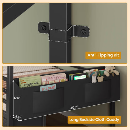 ADORNEVE Bed Frame Twin Size with 6 Drawers and Globe String Lights Plug in Metal Kids Bed with Safety Guardrail and Inclined Ladder
