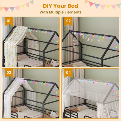ADORNEVE Bed Frame Twin Size with 6 Drawers and Globe String Lights Plug in Metal Kids Bed with Safety Guardrail and Inclined Ladder