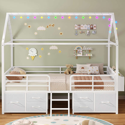 ADORNEVE Bed Frame Twin Size with 6 Drawers and Globe String Lights Plug in Metal Kids Bed with Safety Guardrail and Inclined Ladder