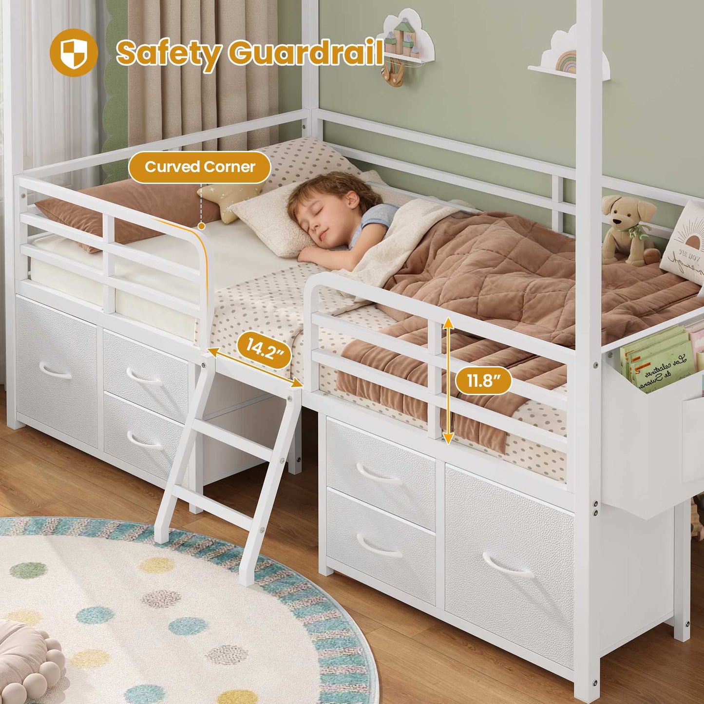 ADORNEVE Bed Frame Twin Size with 6 Drawers and Globe String Lights Plug in Metal Kids Bed with Safety Guardrail and Inclined Ladder